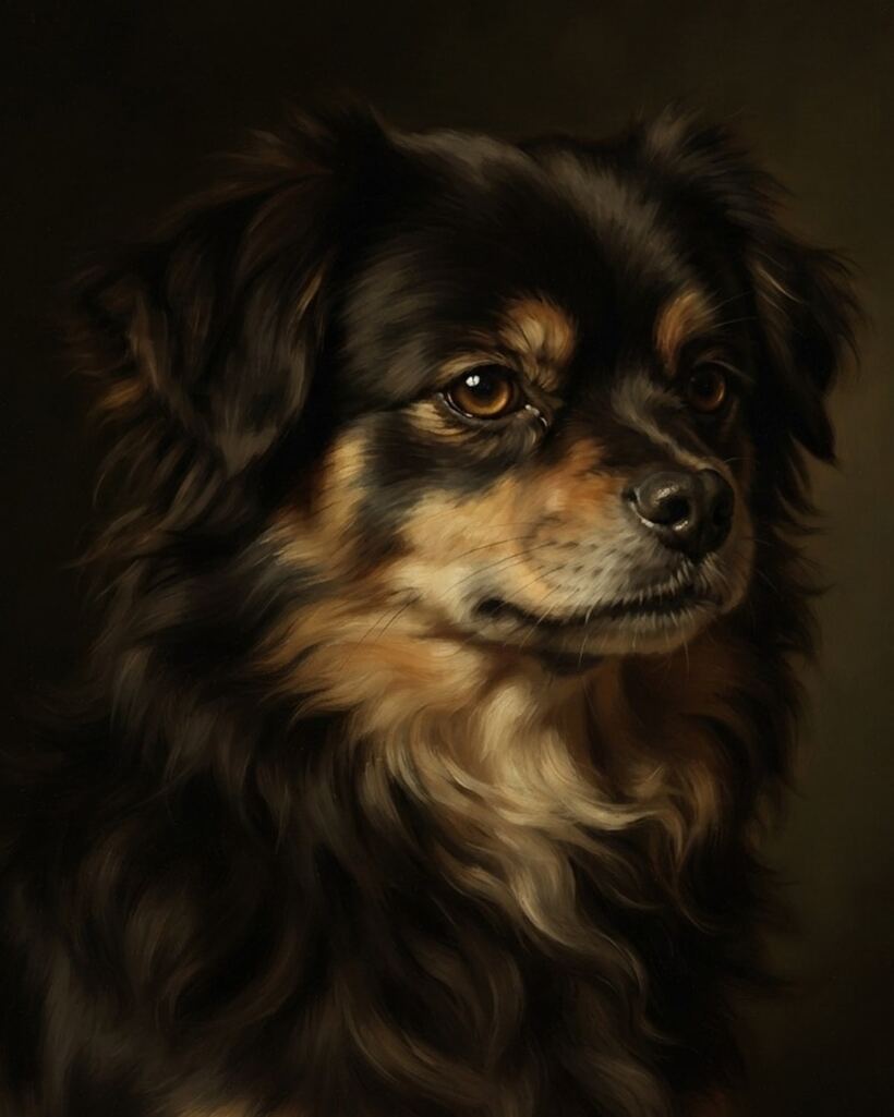 The same golden retriever painted as a watercolor portrait