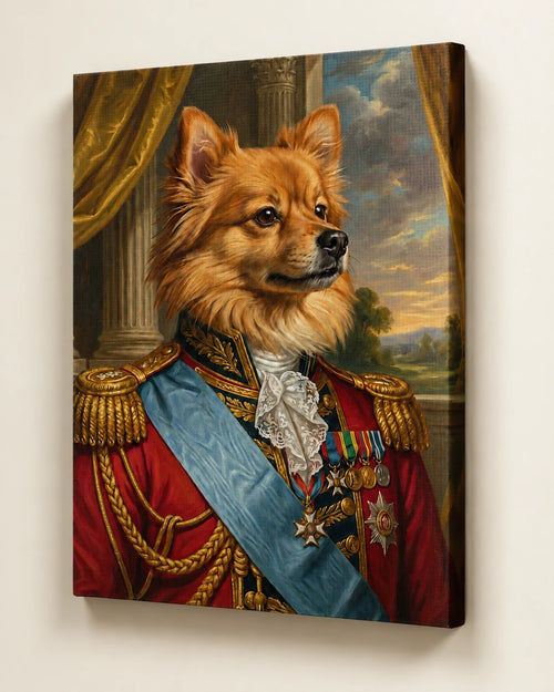 Royal pet portrait of a dog in military dress on a gallery-wrapped canvas, angled to show the depth