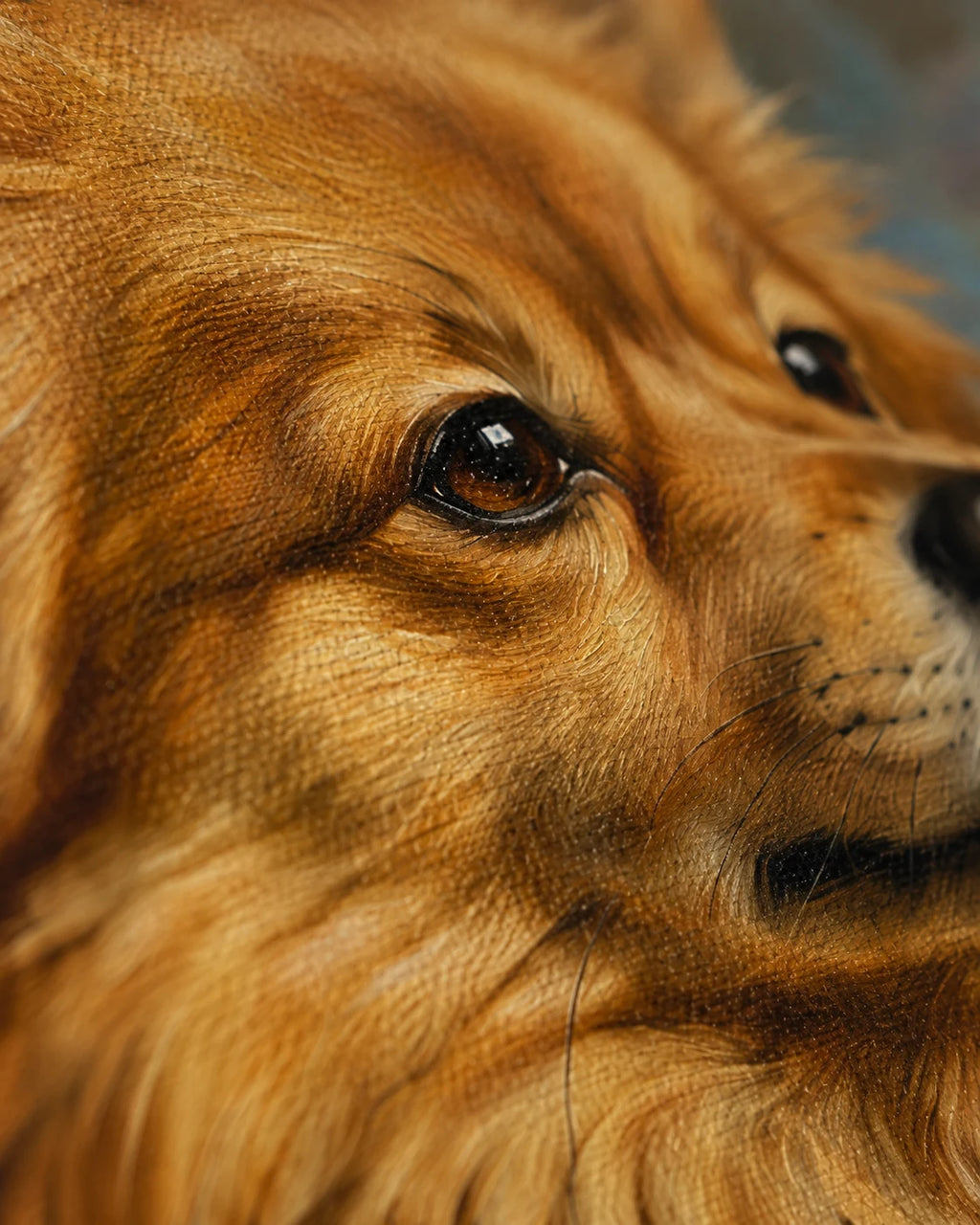 Extreme close-up of the canvas weave, showing the painted fur texture in the portrait