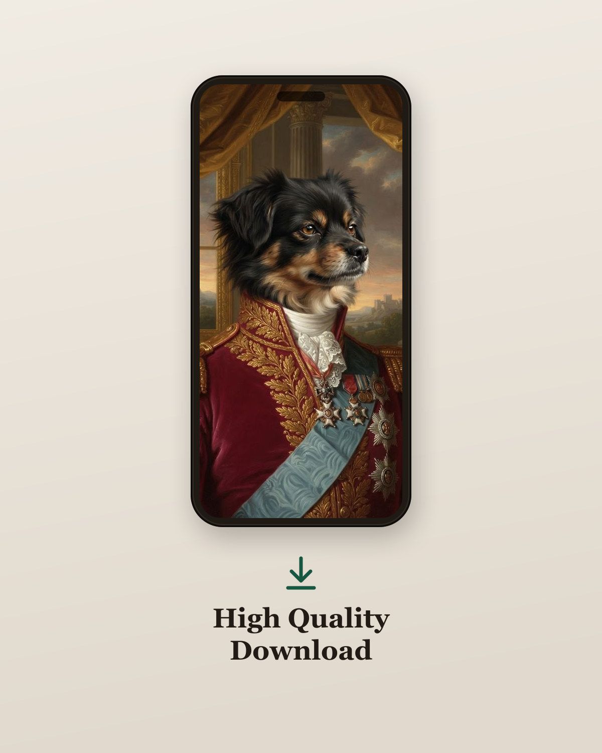 Royal pet portrait of a dog shown on a phone as a high-resolution digital download