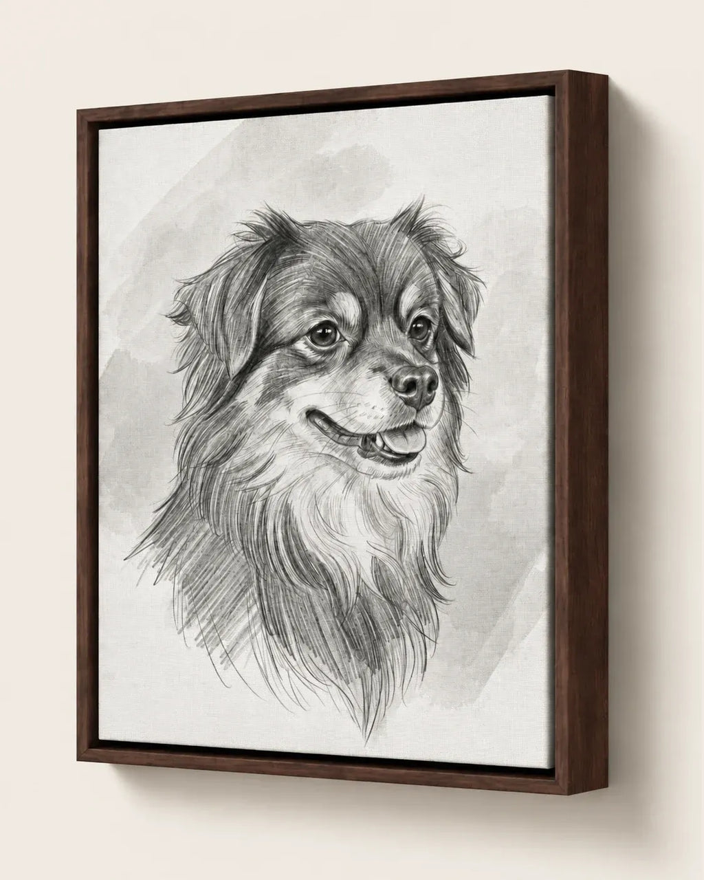 Pencil sketch pet portrait of a dog on framed canvas in a dark wood frame