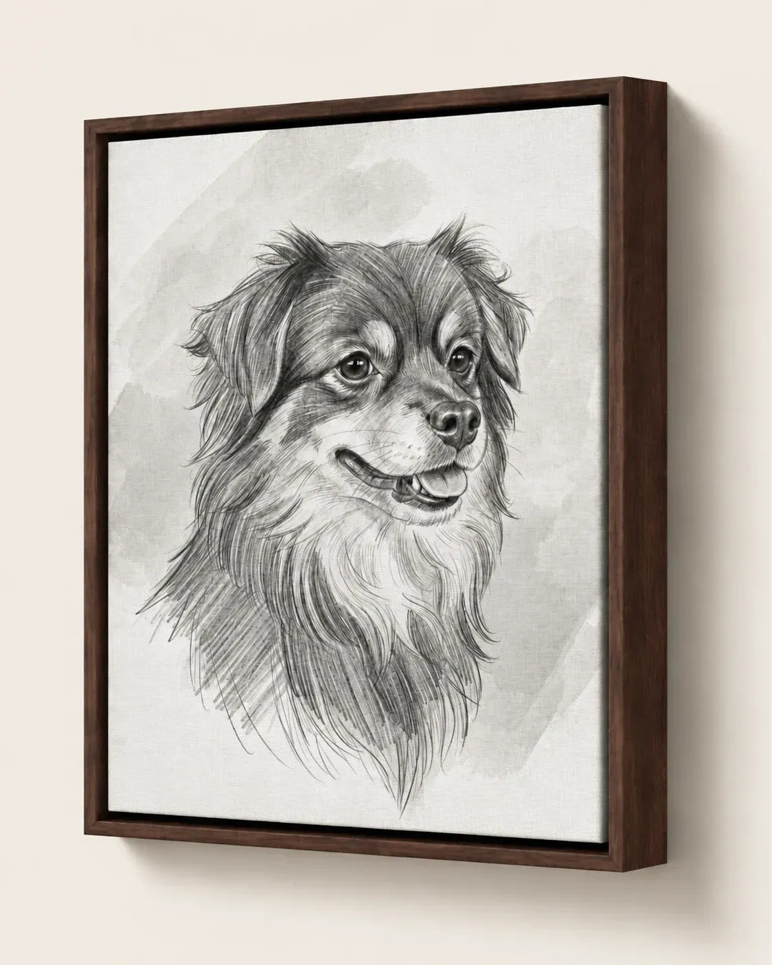 Pencil sketch pet portrait of a dog on framed canvas in a dark wood frame