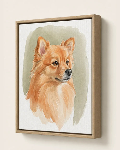 Watercolor pet portrait of a dog on framed canvas in a natural wood frame