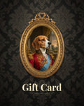 Tail & Canvas gift card: a royal pet portrait of a beagle in an oval gilt frame on a dark damask wall