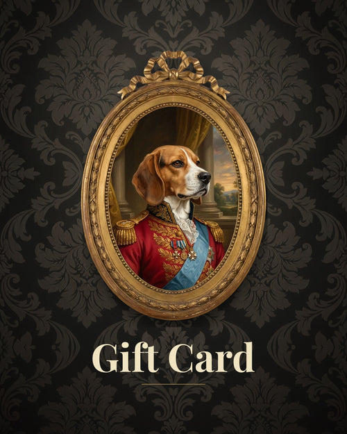 Tail & Canvas gift card: a royal pet portrait of a beagle in an oval gilt frame on a dark damask wall