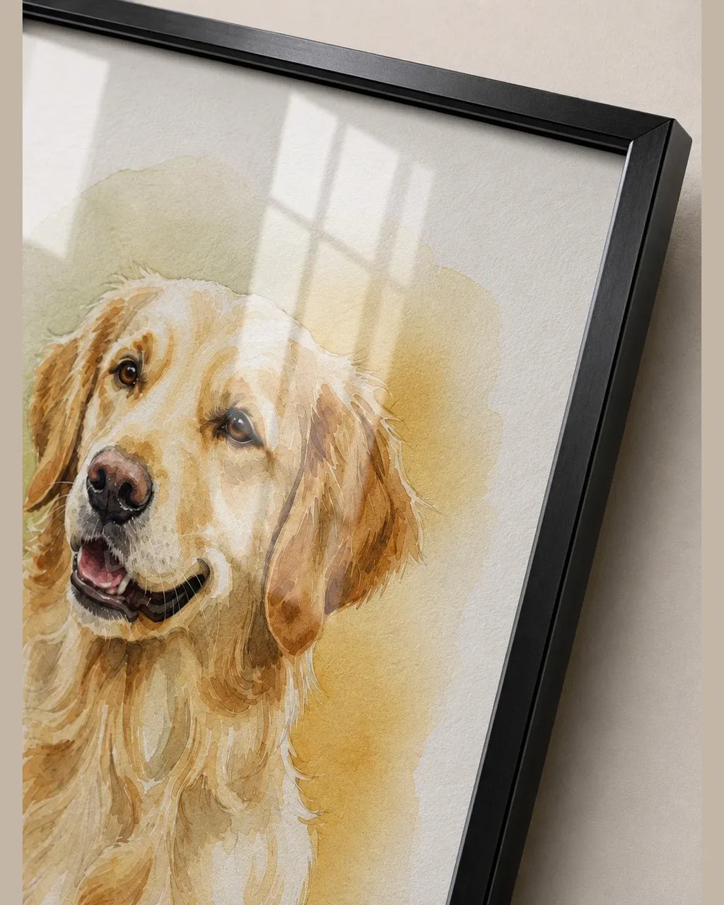 Black metal frame seen from an angle, showing the plexiglass glazing over a watercolor dog portrait