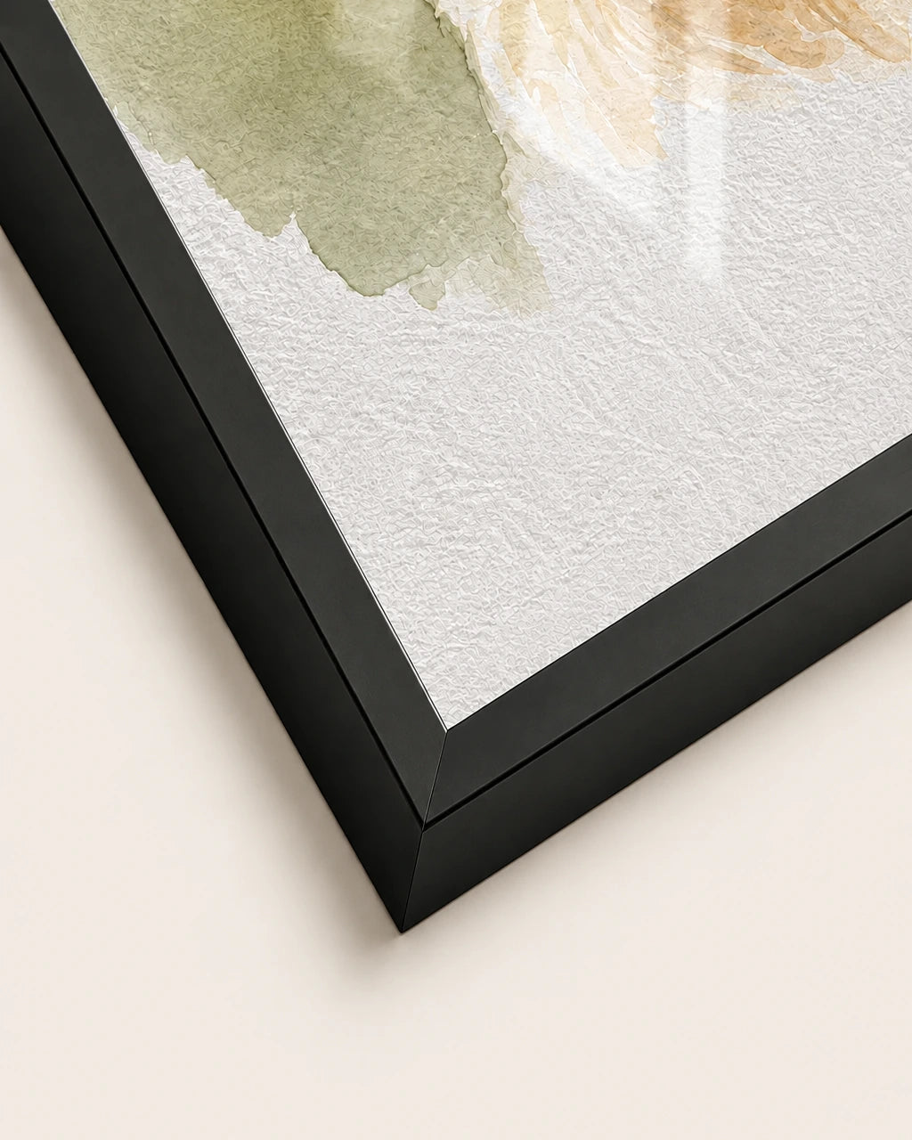 Close-up of the black metal frame corner, showing the slim profile and the textured matte paper behind the glazing