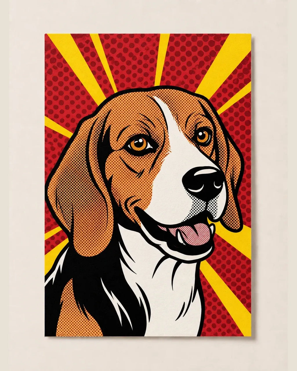 Pop art pet portrait of a beagle in bold red and yellow, printed edge to edge on a fine art poster