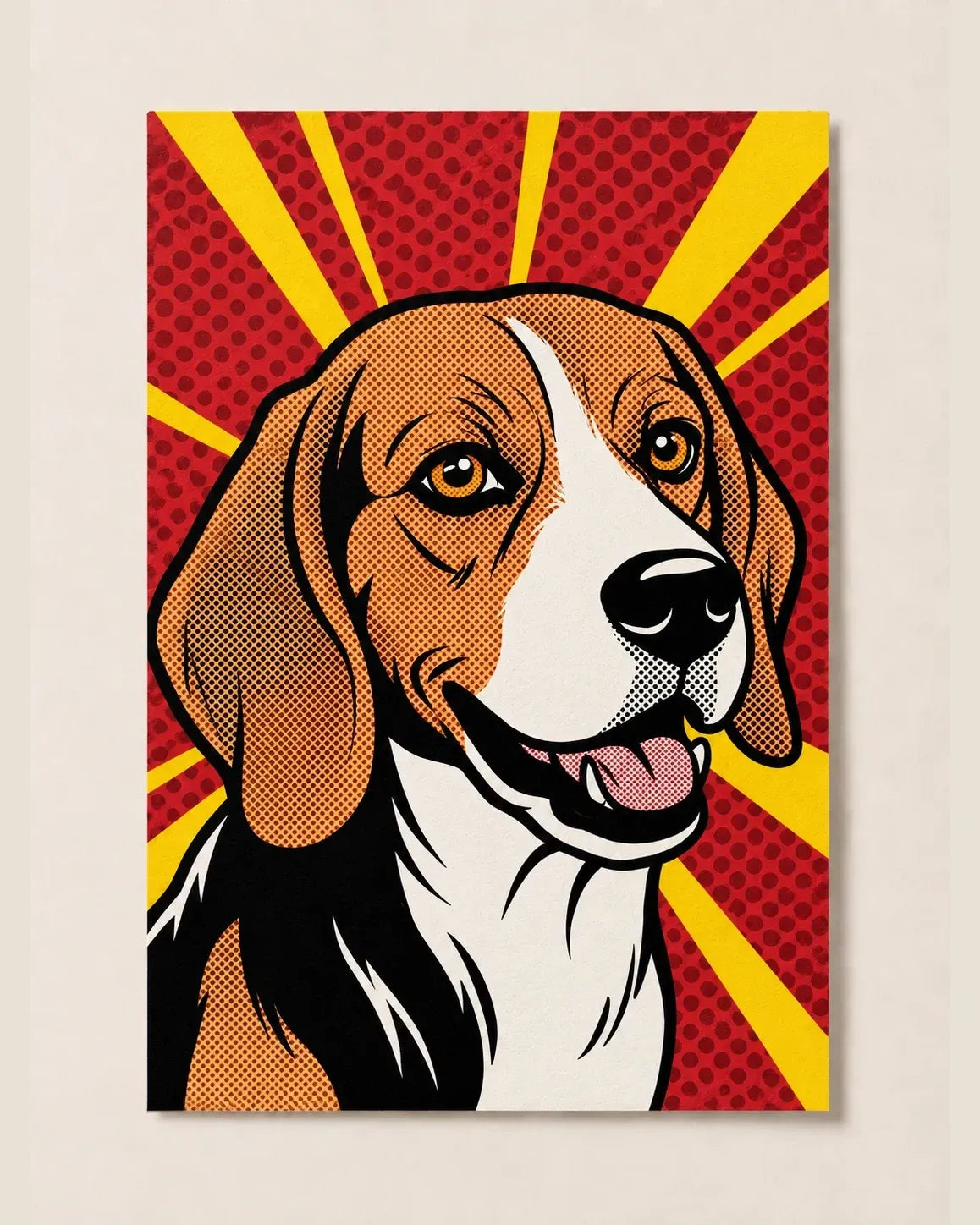 Pop art pet portrait of a beagle in bold red and yellow, printed edge to edge on a fine art poster