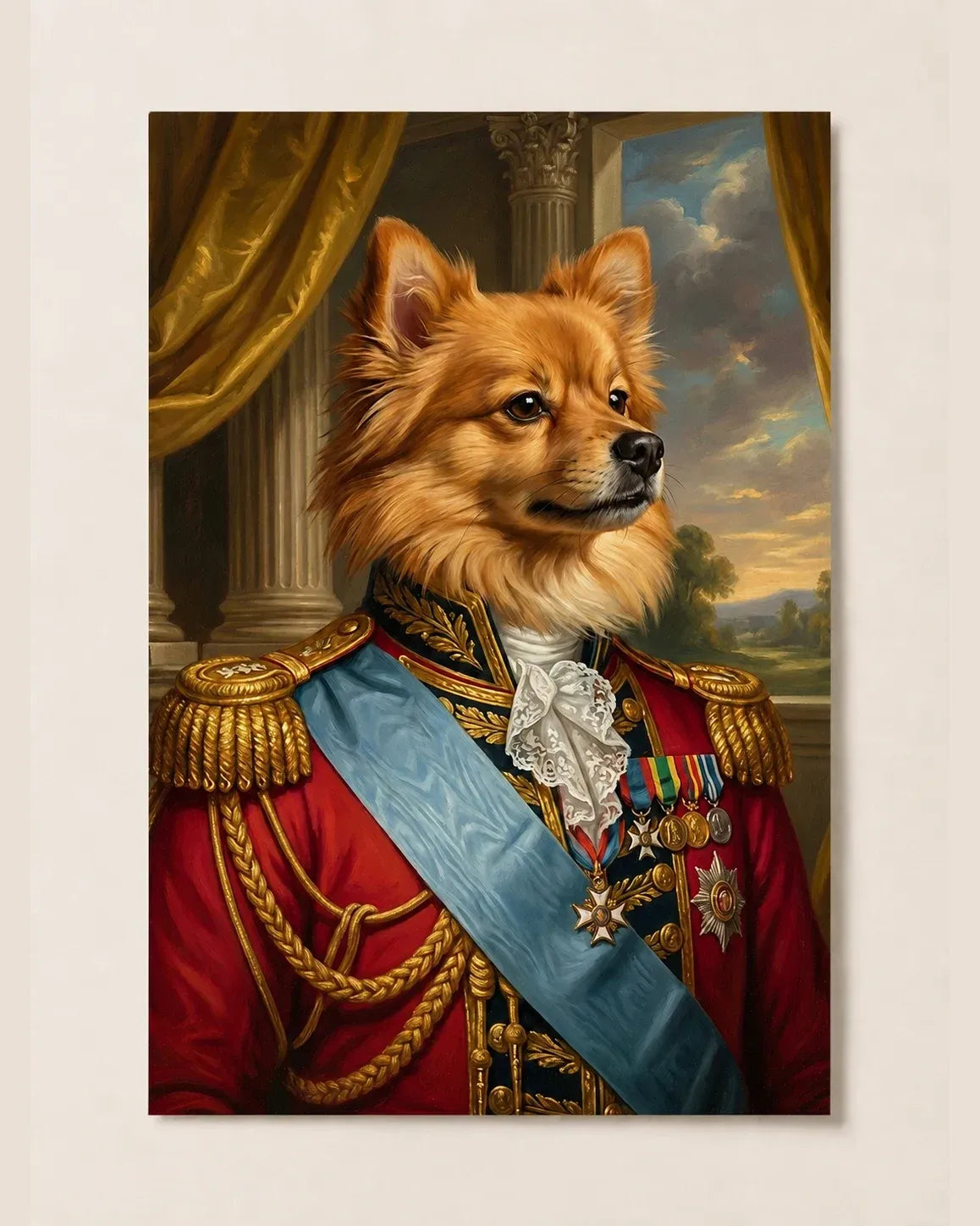 Royal pet portrait of a dog in military dress, printed edge to edge on a fine art poster