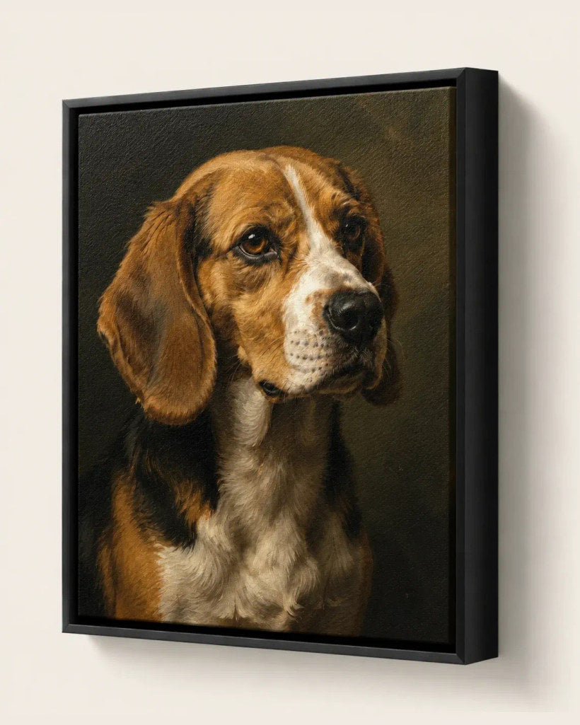 Canvas pet portrait floating in a solid wood frame